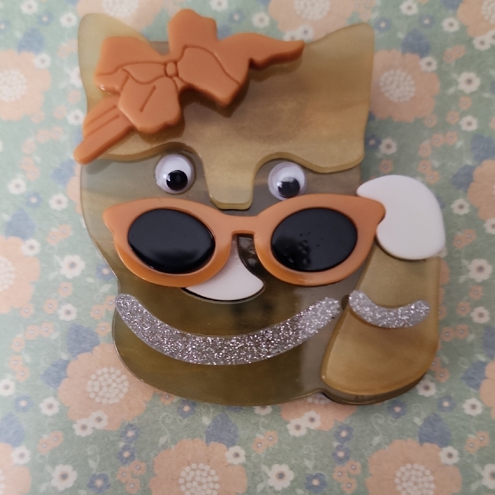 PEEKABOO Cat Brooch with Orange and Silver Accents